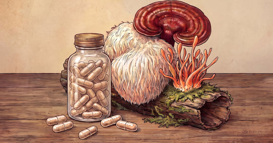 Ilustración de hongos funcionales como melena de león y reishi junto a cápsulas de suplementos, usada por Infobae para su nota sobre evidencia científica